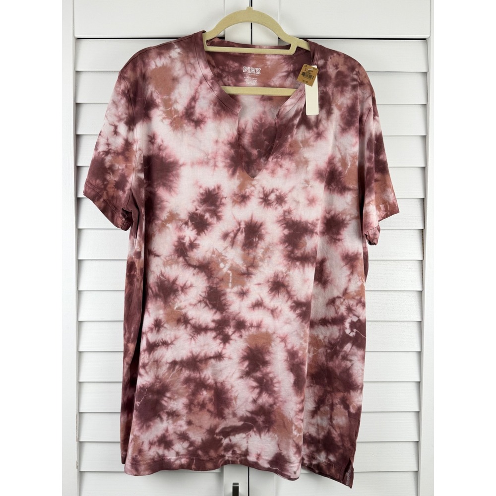 PINK Victoria's Secret T-Shirt XL Pink Tie Dye Split Neck Relaxed Fit NEW